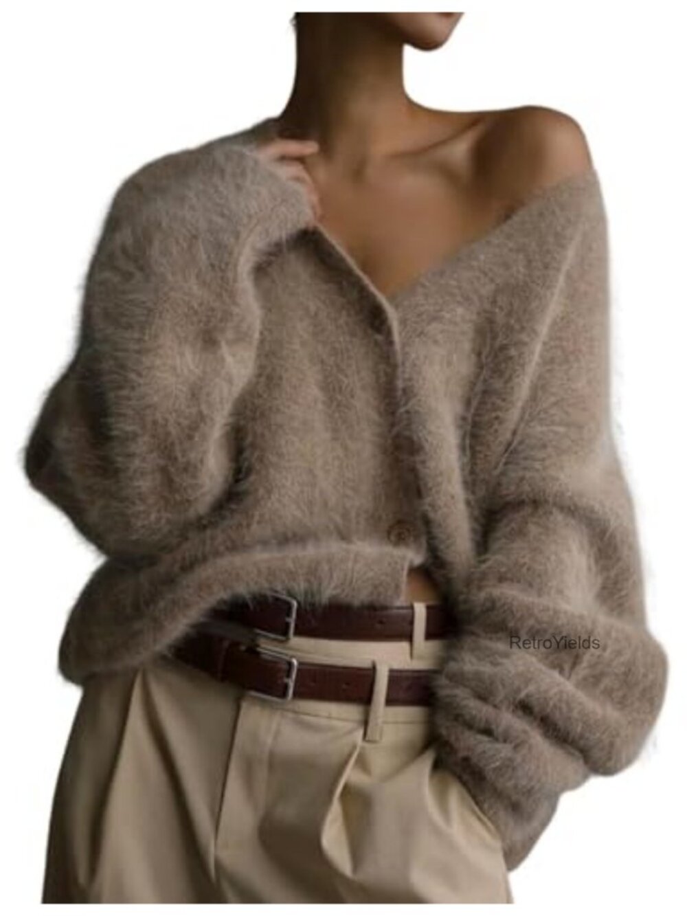 Fuzzy Mohair Slouchy Knit V Neck Button Down Cardigan Sweater
